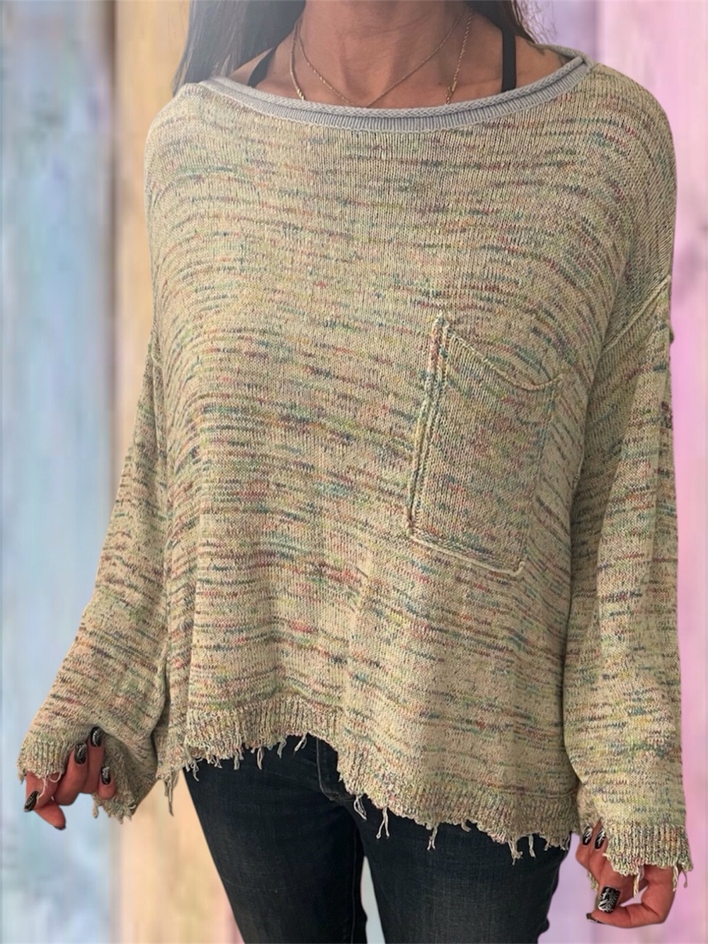 Free People Blue Purple Multi Color Boxy Design Distressed Sweater